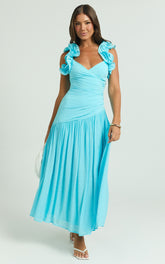 Memie Midi Dress - Drop Waist Ruffle Sleeve Dress in Blue